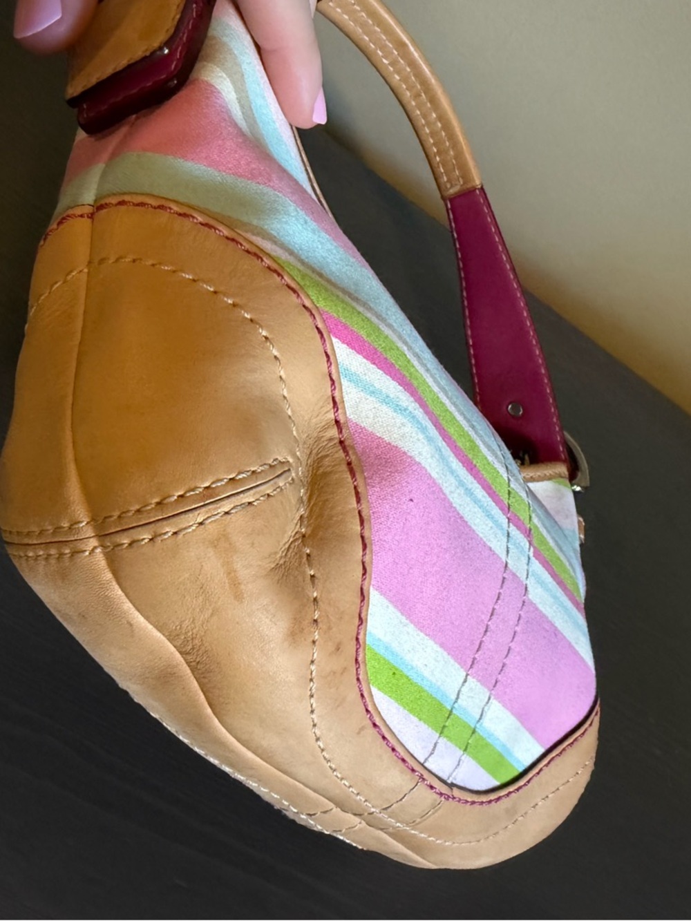Coach Pink, Light Blue & Tan Striped Shoulder Bag - Picture 8 of 13